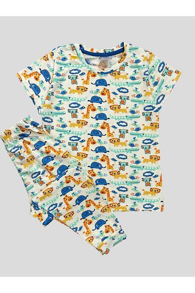 elmas kids Boy's 100% Cotton Safari Patterned White Short Sleeve Summer Pajamas Set