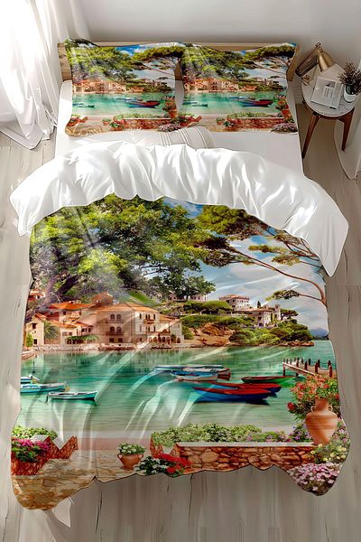 3D ELSE HALI Double Seaside Scenery Patterned Cotton Satin Duvet Cover Set