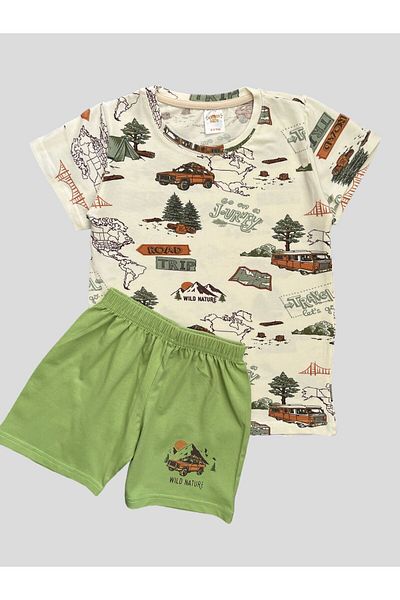 elmas kids Boy's 100% Cotton Car Bus Patterned Ecru Green Short Sleeve Shorts Summer Pajamas Set