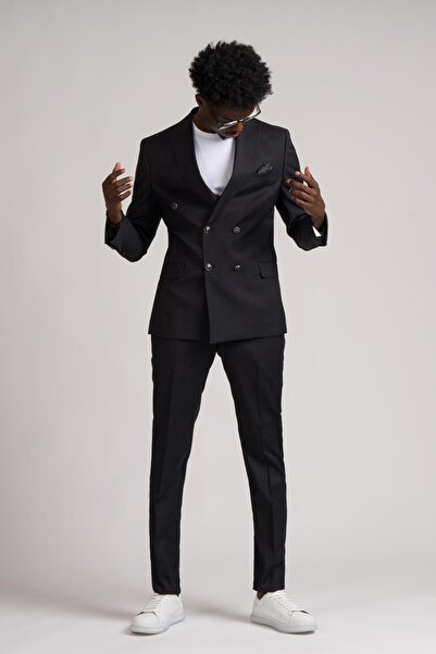 ADİMO Adimo Slimfit Sivri Yaka Çift Yırtmaçlı İnce Çizgili Kruvaze Takım Elbise