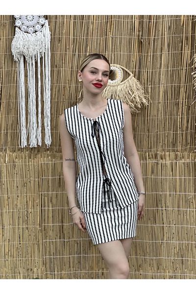 hazelin Black and White Striped Women's Knitwear Suit - Tie-Up Blouse and Skirt HZL24S-ZK10271
