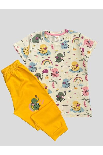 elmas kids Σετ καλοκαιρινής πιτζάμες για κορίτσια από 100% βαμβακερό σχέδιο ελέφαντα με λευκό κοντομάνικο