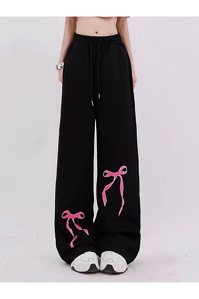EFBUTİK Pantaloni de sport cu picior largi, negru, roz, panglică