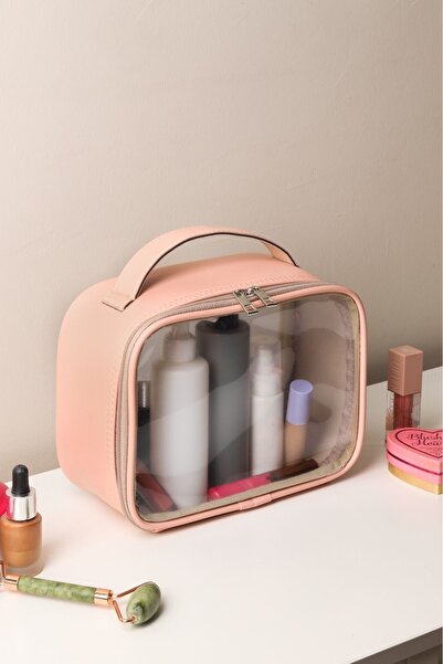 Arnee Pembe Şeffaf Deri Makyaj Çantası Kozmetik Makyaj Bavul Seti | Bakım Seyahat Makyaj Organizer Çanta