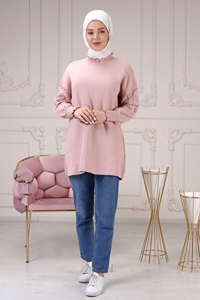 ilmek Kadın Pudra Kolu Desenli Büzgülü Triko Kazak