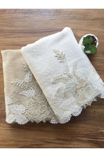 Modares Store Velvet Towel Set of 2 - Violet French, Laced, Cream&Capp, 50x90