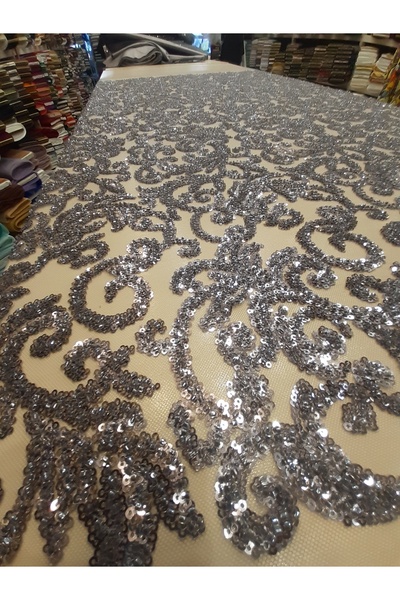 Safir Kumaş Koyu Gri İşlemeli Dantel 3 Metre ( Astar Dahil)