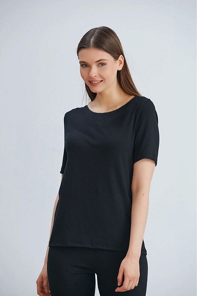 ÇAĞ MODA Set de pijama pantaloni cu mânecă scurtă tricotată din viscoză, negru simplu