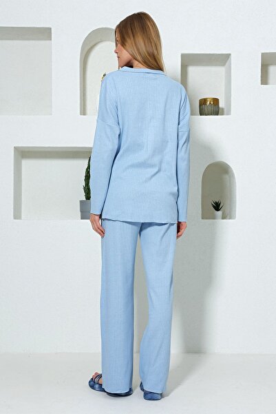 VAGGON Women's Baby Blue Oversize Shirt and High Waist Interlock Set Prm0749