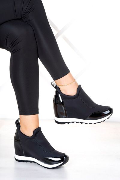 Erkan Saçmacı Anastasia Black Patent Leather Hidden Wedge Front Face Stretch Sneakers