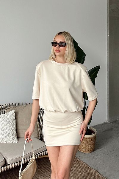 VAGGON Γυναικείο Μίνι Φόρεμα με πέτρινο ώμο με επένδυση Crew Neck Modal Prm0868