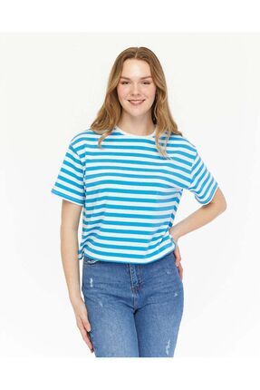 Pino Blanco Bisiklet Yaka Mavi Beyaz Cizgili Kad n T Shirt Fiyat Yorumlar Trendyol