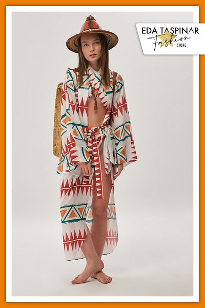 Eda Taşpınar Kimono Halter Collar Top Pareo Ethnic Patterned Suit TEKS-00054