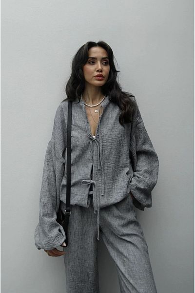 My Blog Gray Jose Blouse and Trousers Set - Front Tie and Tightening