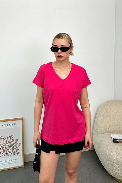 VAGGON Tricou de bază fucsia cu decolteu în V pentru femei Prm0738