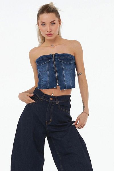 VAGGON Bustieră din denim cu fermoar albastru închis pentru femei Prm0628