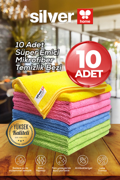 SİLVER HOME Süper Emici 235 Kalite 40x40cm 10lu Mikrofiber Bez - Yıka Yıka Kullan
