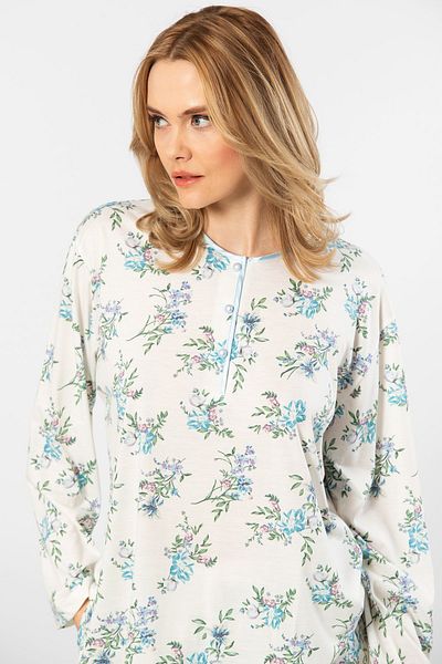 TÜREN Türen 3388 Women's Oversize Floral Patch Long Sleeve Pajamas Set-Blue