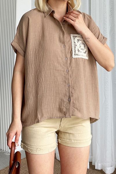 VAGGON Women's Stone Crochet Oversize Linen Shirt with Pockets Prm0855