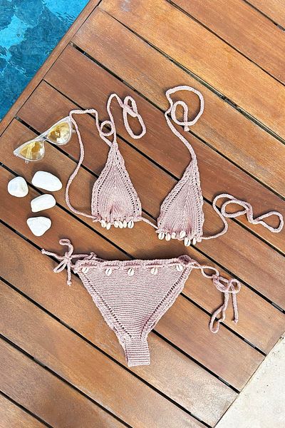 VAGGON Powder Pink Seashell Λεπτομερές γυναικείο μπικίνι - κεντημένο με βελονάκι, κορδόνι Prm0908