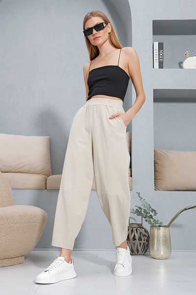VAGGON Μπεζ παντελόνι Gabardine - Ελαστική μέση, Διπλή τσέπη, Λεπτομέρεια ραφής Prm0785
