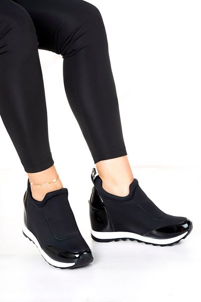 Erkan Saçmacı Anastasia Black Patent Leather Hidden Wedge Front Face Stretch Sneakers