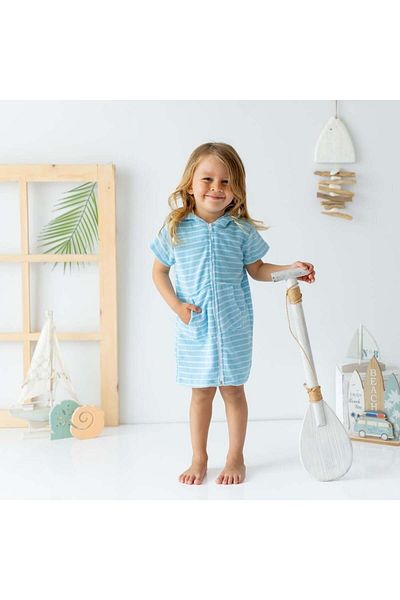Mama Yoyo Baby&Kids Light Blue Striped Short Sleeve Beach Bathrobe