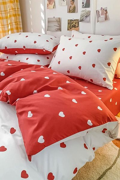 3D ELSE HALI Red Heart Double Sided Red Hearts Cotton Satin Single Duvet Cover Set