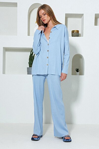 VAGGON Women's Baby Blue Oversize Shirt and High Waist Interlock Set Prm0749