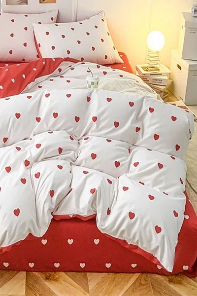 3D ELSE HALI Red Heart Double Sided Red Hearts Cotton Satin Single Duvet Cover Set