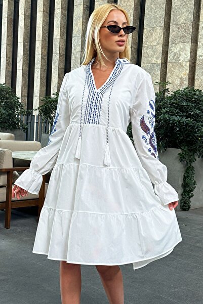 VAGGON Women's Ecru Prevailing Collar Lined Embroidery Embroidered Dress Prm0994