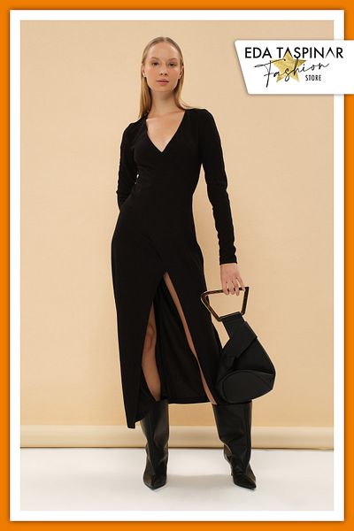 Eda Taşpınar Wrapped Collar Slit Cotton Woven Dress TEKS-00045