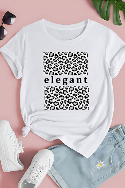 Kadın Gri Leopar Elegant Baskılı Penye Bisiklet Yaka T-shirt