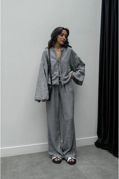My Blog Gray Jose Blouse and Trousers Set - Front Tie and Tightening