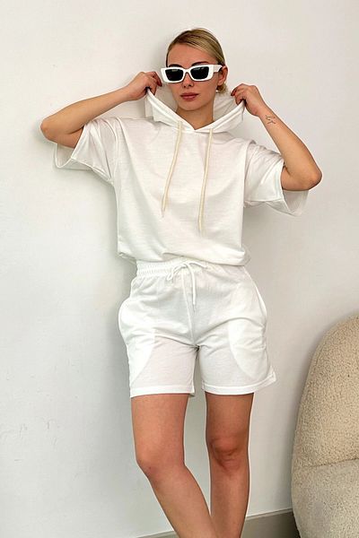 VAGGON Ecru Hooded Sweatshirt and Shorts Set - Two Thread Prm0731