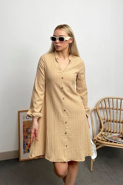 VAGGON Дамска рокля-риза с яка тип мандарин, камила, с копчета и блуза, Prm0621