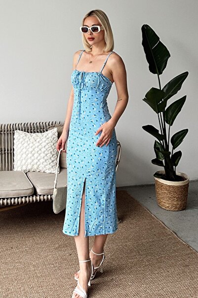VAGGON Women's Baby Blue Adjustable Thin Straps Side Y Slit Floral Pattern Dress Prm0887