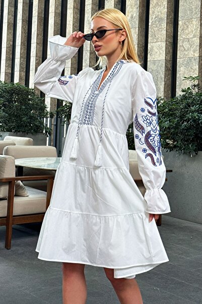 VAGGON Women's Ecru Prevailing Collar Lined Embroidery Embroidered Dress Prm0994