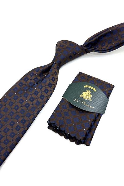 Kravatkolik KK12575 Model - Brown Motif Patterned Classic Necktie with Handkerchief