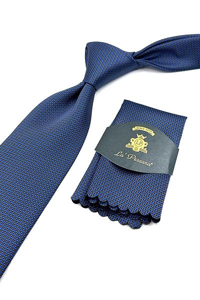 Kravatkolik Patterned Blue Necktie with Handkerchief - KK12564