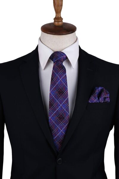 Kravatkolik Cravată clasică batistă cu model în carouri albastre pentru bărbați Kk10585