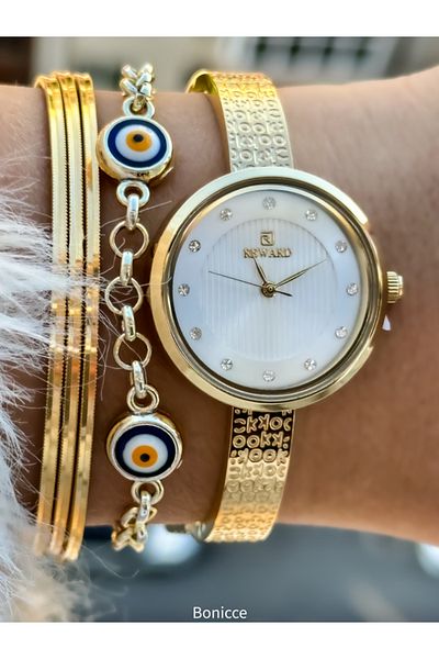 Reward Yellow Color Waterproof Women's Wristwatch - Steel Cord and Lock System, Evil Eye Beaded Bracelet