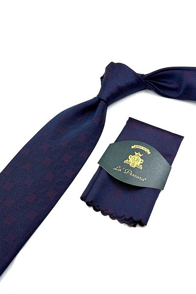 Kravatkolik Classic Navy Blue Motif Patterned Handkerchief Tie - KK12543
