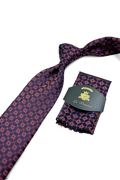 Kravatkolik Patterned Navy Blue Classic Tie with Handkerchief - KK12570