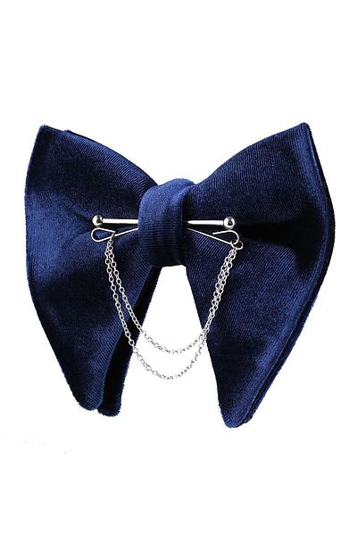 Kravatkolik Navy Blue Velvet Large Bow Tie with Chain P1406