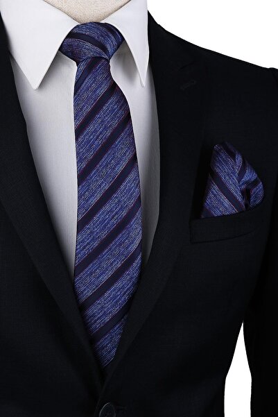 Kravatkolik Ανδρική κλασική γραβάτα με μοτίβο μπλε δαμάσκηνου με μαντήλι Kk10007