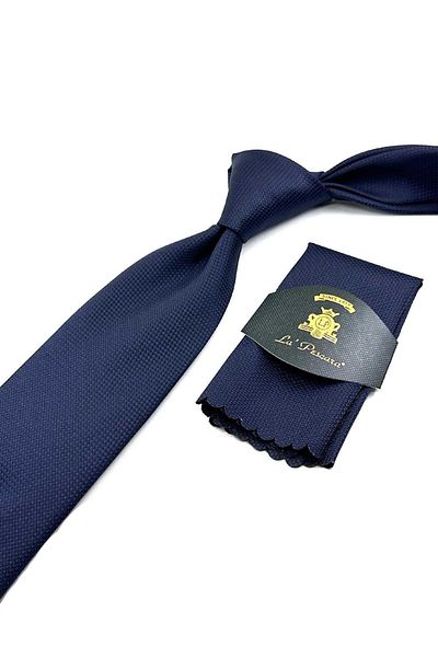 Kravatkolik Patterned Navy Blue Classic Tie with Handkerchief - KK12659