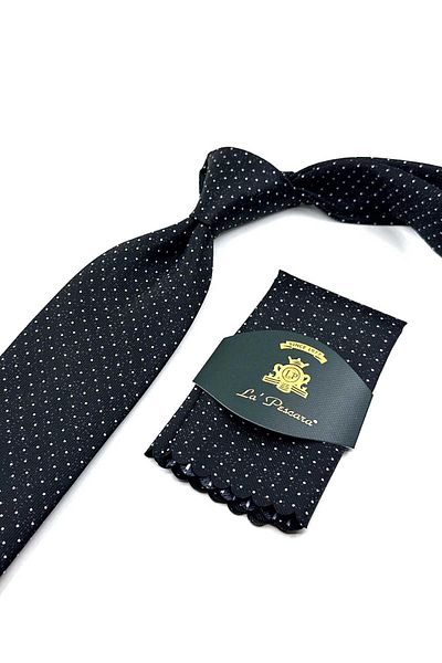 Kravatkolik Patterned Black Necktie with Handkerchief - KK12523