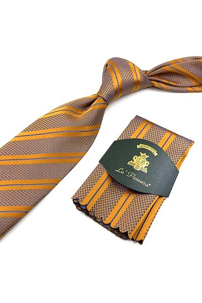 Kravatkolik Saffron Striped Classic Tie with Handkerchief - KK12703
