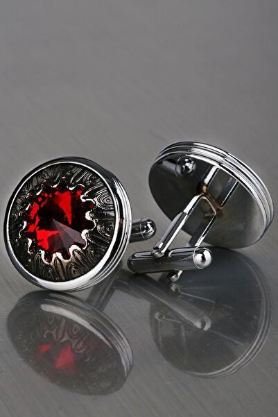 Kravatkolik Erkek Gümüş Renk Kırmızı Taşlı Kol Düğmesi Kd1203
